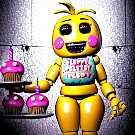 <lora:FNAF:0.7>, (ToyChicaFNAF) FNAF, 3d, ToyAnimatronic, (ToyCupcakeFNAF), animatronic, chicken, (cupcake), official, solo, beakless