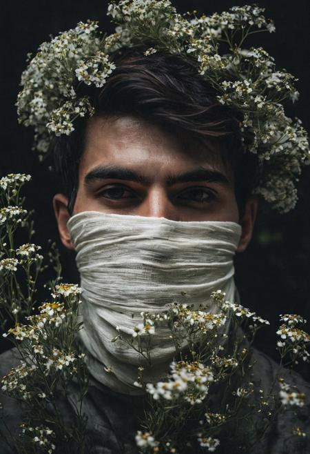 Capture a (moody half-body portrait:1.3) of a (young male:1.2) eyes covered by a (white bandage:1.4) adorned with (small wildflowers:1.4). Emphasize his (sharp jawline:1.5) against a (dark and grainy background:1.5). Use a (faded film aesthetic:1.4), inspired by (Kodak stills:1.3). High detail, emotional depth