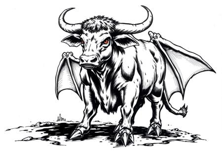 fantasy, ink art, comic style art, bull is standing with four feet, feet has 3 claws, bat wings