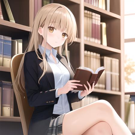 (masterpiece),1girl, Mahiru Shiina, sitting in a chair, library, reading a book