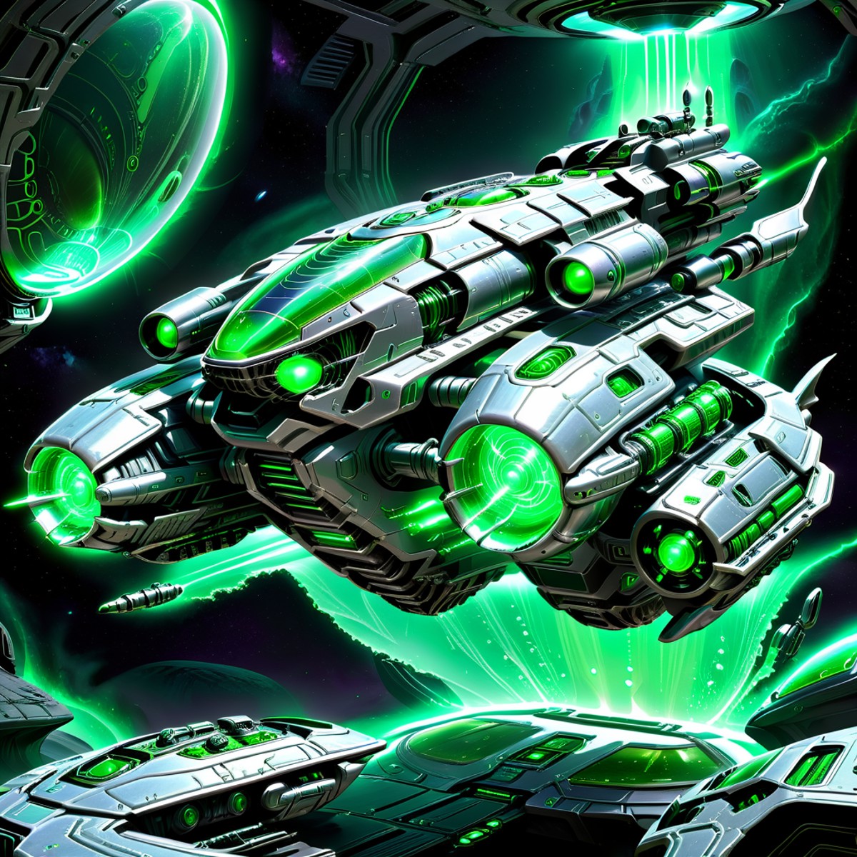 <lora:Xenomechanical_XL:1> xenomechanicalworld, scifi, futuristic, hover tank, plasma cannon, green