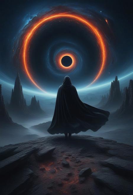 This is a digital artwork depicting a surreal, otherworldly scene. The central focus is a massive, swirling black hole with a fiery orange and red rim, surrounded by dark, swirling space debris. The black hole is located in the center of the image, encircled by a dark, cosmic void with stars and nebulae scattered across the sky. 
In the foreground, a lone figure stands on a rocky, uneven terrain, facing the black hole. The figure is dressed in a long, flowing, dark cloak that covers most of their body, suggesting a sense of mystery and isolation. The figure's face is not visible, adding to the enigmatic atmosphere.
The background features towering, jagged rock formations, some appearing to be ancient ruins, with the sky above blending into a gradient of dark blue to light blue, suggesting a transition from night to day. The textures of the rocks are rough and rugged, enhancing the desolate and alien environment.
The overall color palette is dominated by dark blues, blacks, and fiery reds, with the contrast between the figure's dark cloak and the bright, swirling black hole creating a striking visual impact. The image evokes a sense of awe and wonder, blending elements of fantasy and science fiction.
  <lora:qihuan222 (1):0.2> <lora:qihuan222 (2):0.9> <lora:qihuan222 (3):0.3>   <lora:qihuan222 (4):0.2>