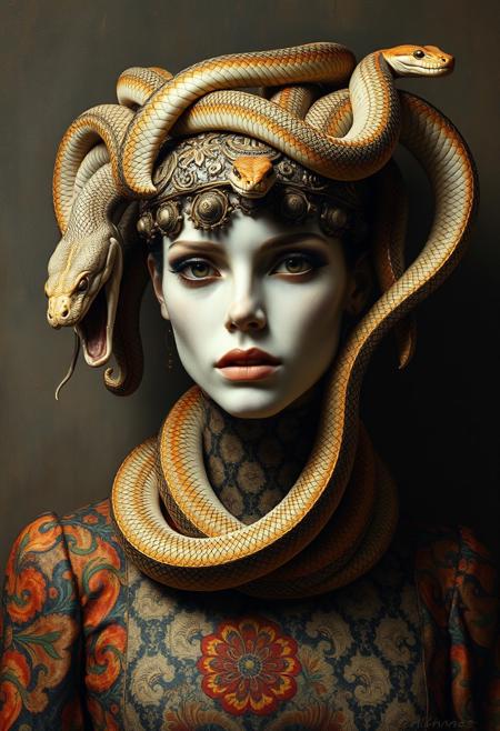 Gorgon, snakes at the head, oriental damask ornaments, in the style of restrained palette, distressed materials, realistic color schemes, hieratic visionary, figura serpentinata, nicola samori, bold yet graceful , alexander McQueen fashion costume style, oil painting style