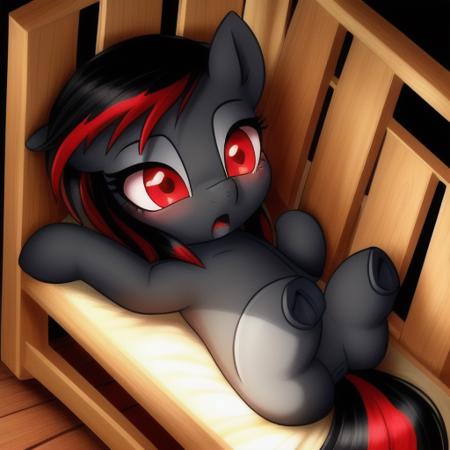 feral pony, portrait, ((crib)),(masterpiece), (raytracing), (cinematic lighting), triadic lighting, High Definition, light particles, (shading), red glowing clear eyes ((shiny dark pony body)), (((glowing clear red eyes))), ((pony)), ((long wavy black hair)), ((four hooves)) female, mare, {my little pony}, ((small red highlights)), ((dark gray body)), ((((baby)))) ((((perfect anatomy)))), ((detailed eyes)), ((small body)) ((laying on back)) ((prone)), ((toy))