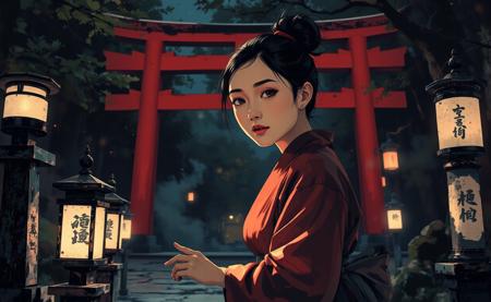 A close-up nighttime scene blending photorealism with the elegance of Japanese brush painting. A Shinto shrine maiden (miko) is cleaning near a traditional red torii gate, her face brightly illuminated to highlight her calm and focused expression. She wears a classic red and white outfit, with intricate details captured in the fabric. Traditional stone lanterns nearby cast a warm glow, their light reflecting softly on her face and the stone path. The background is subtly blurred, showing hints of the majestic torii gate, swaying trees, and faint mist, creating an intimate yet mystical atmosphere. The composition emphasizes the maiden's serene presence and the artistic harmony of the scene.