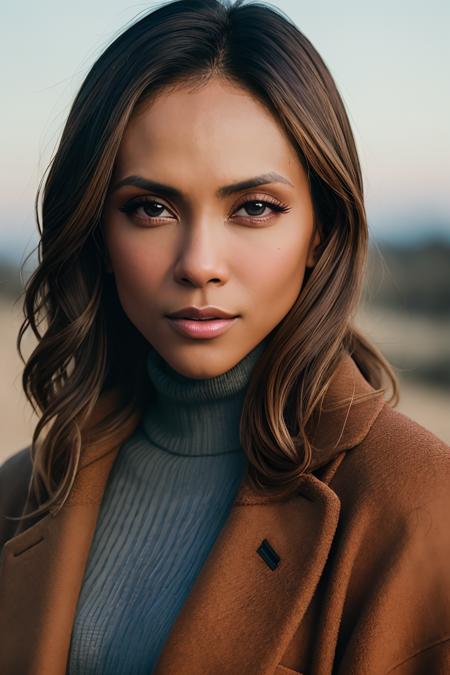 photo of (lesanbrandt:0.99), a woman, RAW, close portrait photo, long brown coat, turtleneck sweater, pale skin, slim body, (high detailed skin:1.2), 8k uhd, dslr, soft lighting, high quality, film grain, Fujifilm XT3 sharp focus, f 5.6