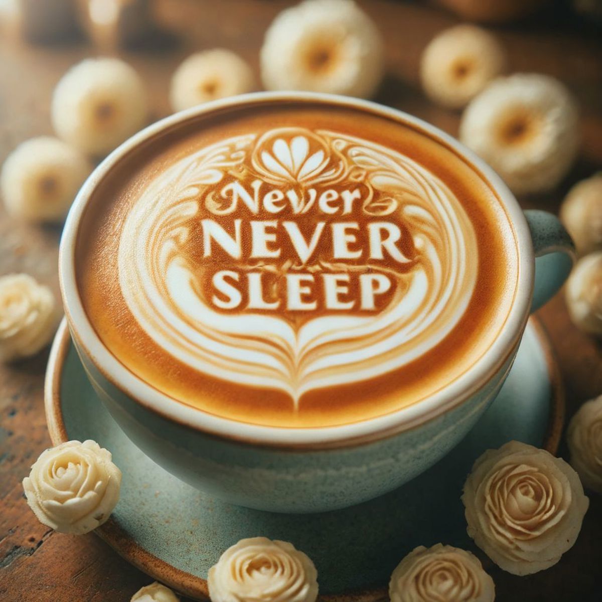 A cup of coffee with the words Never Sleep written on it.