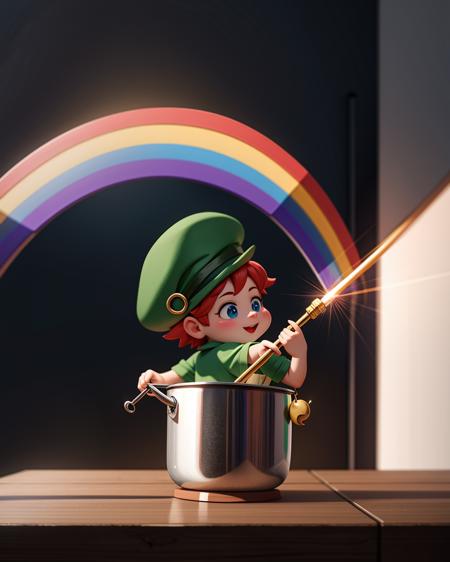 ((masterpiece), best quality, high quality, professional quality, highly detailed, highres, perfect lighting, natural lighting), leprechaun, hopping, on rainbow, holding pot of gold