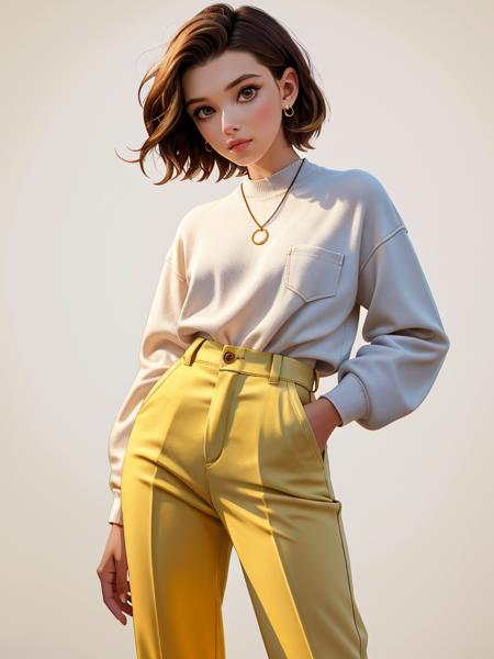 Realistic photo of a beautiful M1ll13bb-v1 woman, 1girl, solo, looking at viewer, short hair, simple background, brown hair, long sleeves, white background, jewelry, standing, earrings, pants, lips, realistic, hands in pockets, yellow pants, soft lighting, professional Photography, Photorealistic, detailed, RAW, analog, sharp focus, 8k, HD, high quality, masterpiece<lora:M1ll13bb-v1:1.0>