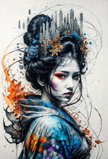 anime style, mysterious silhouette geisha woman, by Minjae Lee, Carne Griffiths, Emily Kell, Steve McCurry, Geoffroy Thoorens, Aaron Horkey, Jordan Grimmer, Greg Rutkowski, amazing depth, double exposure, surreal, geometric patterns, intricately detailed, bokeh,  perfect balanced, deep fine borders, artistic photorealism , smooth,  great masterwork by head of prompt engineering   <lora:add-detail-xl:2>  <lora:xl_shuimo:0.7> ink wash painting <lora:Cute_Drawing:0.55>  <lora:hyperkraximalism_v1-1:0.25>