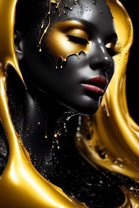 close up of a young woman wearing a black and gold liquid splash dress, pretty face, detailed eyes, soft lips, floating in outer space and planets in the background, fluid, wet, dripping, waxy, smooth, realistic, octane render