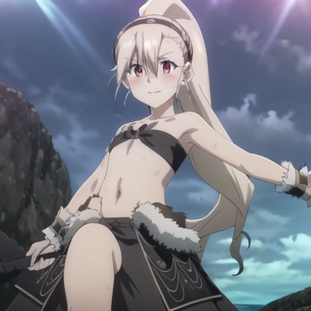 1girl,long hair,solo,red eyes,ponytail,bare shoulders,hairband,navel,looking at viewer,small breasts,fur trim,collarbone,cosplay,blonde hair,skirt,very long hair,hair between eyes,strapless,smile,midriff,holding,blush,closed mouth,city background,holding weapon,barefoot,high ponytail,black hairband,huge weapon,wrist cuffs,bandeau,flat chest,floating hair,sky,full body,sidelocks,standing,cloud,waist cape