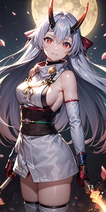 tomoe gozen (fate),1girl,arm guards,armor,bare shoulders,bow,breasts,bright pupils,cherry blossoms,closed mouth,cowboy shot,dual wielding,fire,flaming sword,flaming weapon,floating hair,full moon,gloves,grey hair,hair between eyes,hair bow,headband,holding,holding sword,holding weapon,horns,japanese armor,japanese clothes,kimono,long hair,looking at viewer,medium breasts,moon,night,oni horns,petals,purple bow,red eyes,red gloves,ribbon,sheath,sheathed,sideboob,sleeveless,sleeveless kimono,slit pupils,solo,sword,very long hair,weapon,white kimono,yellow ribbon