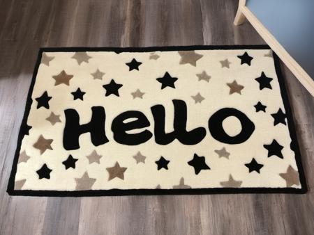 <lora:tufted_rug_style_xl_v1:1> rug that says "Hello" with stars on it, tufted rug style