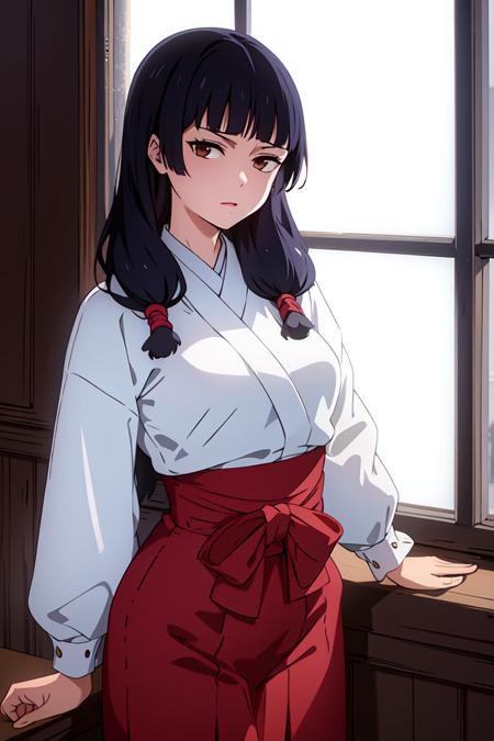 masterpiece, ((ultra detailed background, delicate pattern, intricate detail)), (highly detailed, fine details), best quality, beautiful lighting, ((medium breasts, slim girl)), Utahime, 1girl, solo, black hair, long hair, brown eyes, japanese clothes, twintails, miko, blunt bangs, red hakama, complex detailed background, inside, castle room environment, medieval castle, gray walls, window, bookshelf, (cowboy shot), <lora:Utahime:0.75>