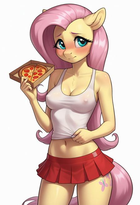score_9, score_8_up, score_7_up, score_6_up, realistic illustration, dramatic angle, solid color background, simple background, white background,
1girl, solo, Fluttershy (mlp), (anthro pony), 18 yo, tail, petite body, shiny skin, medium perky breasts, erect nipples, cleavage, navel, naked shoulders,
tank top, mini skirt, no panties, pizza delivery uniform,
dynamic pose, holding a pizza box, 
shy, blush, blushing, embarrassed,