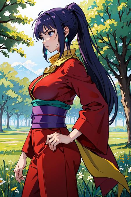 masterpiece, best quality, kukuru, earrings, red kimono, huge breasts, green scarf, red pants, cowboy shot, standing, from side, serious, looking sideways, field, trees <lora:kukuru-nvwls-v1-000010:0.9>