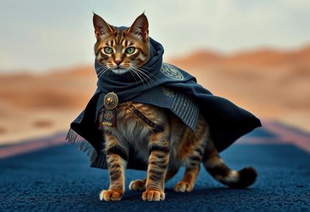 "Create a high-definition, lifelike ultramarine space marine cat, inspired by Warhammer 40000 and Islamic art. Depict the cat standing on a navy blue carpet, against a blurry desert background. The cat should wear a dark cloak with intricate insignia, reflecting a kit bash and kit design. Ensure the image is not duplicated and has a standing pose, suitable for an eBay listing thumbnail. Utilize Alphonse Mucha's style and enhance with advanced rendering techniques such as ray tracing. Submit the final piece on ArtStation."