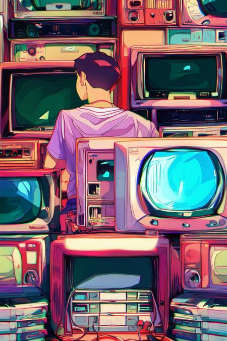 masterpiece, best quality, flat color, ligne claire,
(1boy looking away from the viewer),
pile of crt tv and cassettes vhs tapes,
chromatic aberration, depth of field