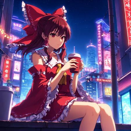 breathtaking,,Hakurei Reimu, 1girl,solo, hair bow,red miko ,black eyes
sitting,holding coffee,city,outdoors,cyberpunk city,building, night sky,neon light,
 <lora:hakurei_4dim:1> . gorgeous,key visual, vibrant, studio anime,award-winning, professional, highly detailed,high budget, cinemascope