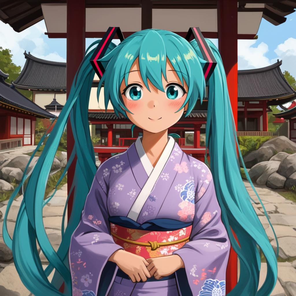 <lora:khyle. style:1> Miku Hatsune, cute, kimono, japan