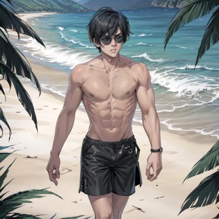 gerardcurian, solo, 1man, black hair, sunglasses, walking, beach, swimwear, shorts, topless male, bare shoulders, arms