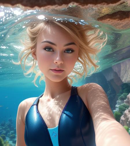 nancya (add_detail:1.5), (close up of 1 girl swimming at high speed above underwater canyon), (woman, 20 year old), (short messy hair, green hair), in pain), (opened diving suit, navy blue sports bra),, bubbles, (underwater sea life, lush, corals, lively, bio diversity, fish), (masterpiece, highest quality), 8K UHD, (hand drawn, digital painting), concept art, dreamy, extremely detailed, close up