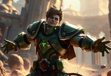 Stardust Assault Warrior, dynamic action pose, Salamangreat Sanctuary, green armor, outstretched arms, head tilted, lifelike details, super detailed face, captivating lighting, splash ink illustration, Unreal Engine 5, Raphael style, trending on Artstation, CGSociety, golden ratio, octane render, 4k, high-res, contemporary aesthetics, beautiful matte painting, impeccable composition.
