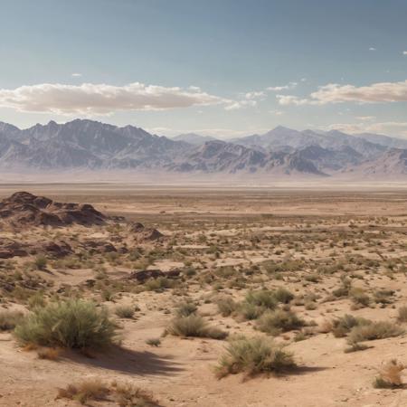 masterpiece, best quality, realistic textures, high detail. 
Looking across a plain from an oasis, mountains in the background.