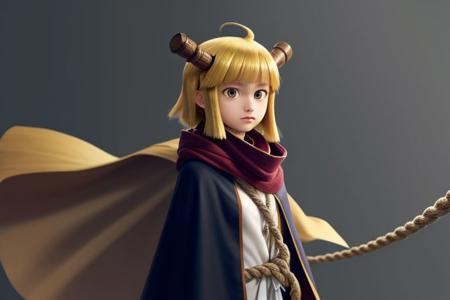 (((incredibly picture-perfect 32k detailed))) (((suika, blonde hair, short hair, brown eyes, scarf, cape, rope, ahoge)))     <lora:suika-10:1>