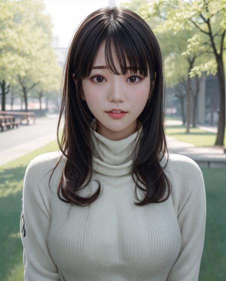 pureerosface_v1:0.3, best quality, photorealistic, 8k, high res, full color, 1girl, woman, 20 years old woman, (skindentation), (portrait:0.6), trees, park bench, daylight, ((park background:1.52)), full color, ((necksweater:1.68)), straight-looking at viewer:1.8, (1girl eyes looking at viewer:1.55), (medium-length hair, blackhair, partedhair:1.45), (bokeh), <lora:AAV-saika2:0.7>