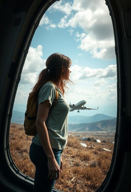 1woman, plane crash survivor, afraid, view from the ground up, crashed plane in distance