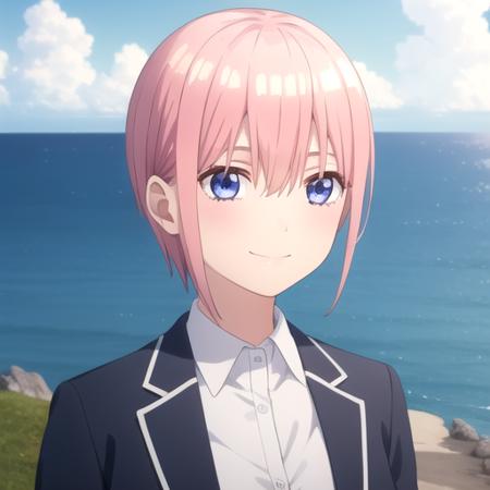 ((masterpiece)),(best quality),official art,extremely detailed CG,unity 8k wallpaper,ultra detailed,A lighthouse on a cliff by the sea,1girl,solo,upper body,(portrait:1.2),short_hair,pink_hair,blue_eyes,blue_jacket,dress_shirt,white_shirt,pleated_skirt,green_skirt,bangs,school_uniform,smile,collared_shirt,hair_between_eyes,breasts,long_sleeves,<lora:Nakano Ichika(tqq)>,