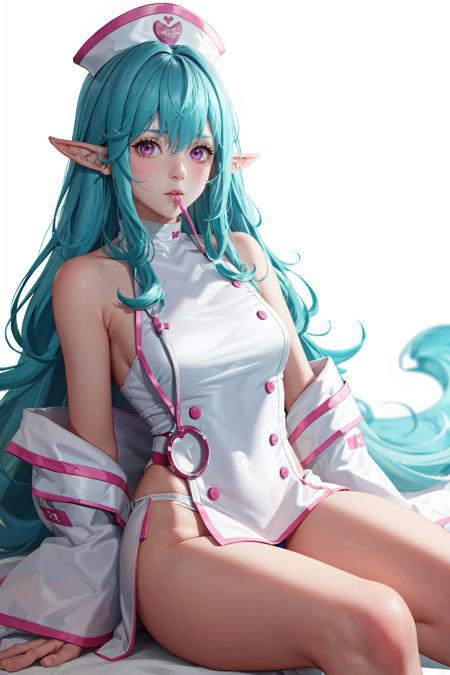 <lora:Keera-03:1>,
((big breasts)), 1girl, solo, long hair, looking at viewer, simple background, hat, white background, dress, bare shoulders, sitting, very long hair, blue hair, pointy ears, pink eyes, off shoulder, white dress, sleeves past wrists, aqua hair, mouth hold, sleeves past fingers, nurse cap, nurse, stethoscope, (masterpiece,best quality:1.5)