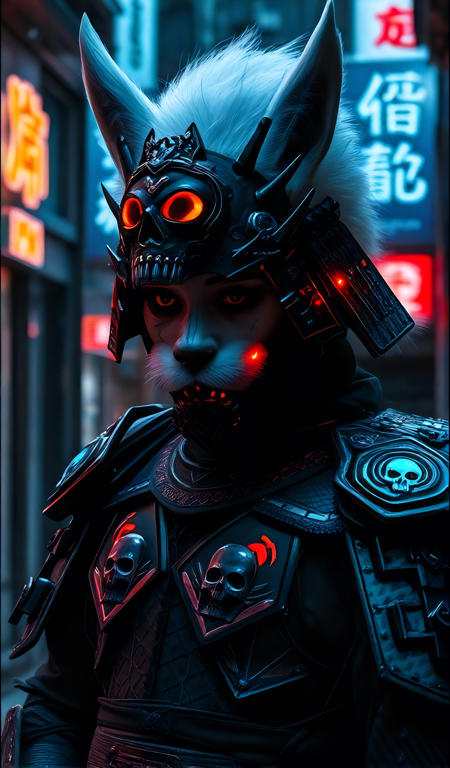 A female Japanese goth werewolf samurai with stark white fur, dystopian Neo-Tokyo inspired by Blade Runner. She has intense goth kabuki makeup with heavy black eyeliner and dark eyeshadow, and a cold, defiant gaze. Her mengu mask is gothic and futuristic, with skull motifs, spiked edges, and glowing engravings in neon red and electric blue. Her samurai armor blends tribal and cyberpunk influences: black carbon fiber plates, crimson LED accents, turquoise circuitry, and angular, tech-enhanced design elements. She stands confidently in a rain-slick neon-lit alley, surrounded by holograms, mist, and glowing kanji signage. The atmosphere is dark, cinematic, grainy like 16mm film, and full of cyberpunk tension.patterns, intricate weavings, rich colors