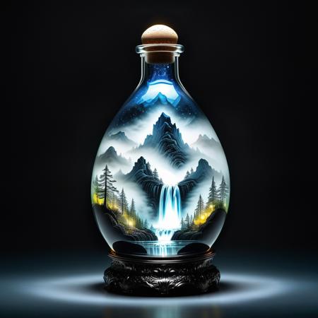 Universe in a glass bottle made of . Mountains, forest, waterfall, fog.. Emitting light. Glowing, mystical aura, polished glass, magical reflections, intricate stand, swirling mist, enchanted object, spiritual energy, mysterious shine. Black background. sinoink