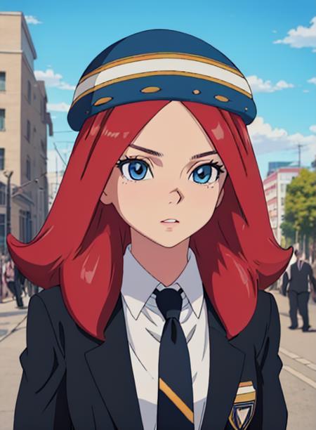 victoria vanguard, blue eyes, red hair, hat,