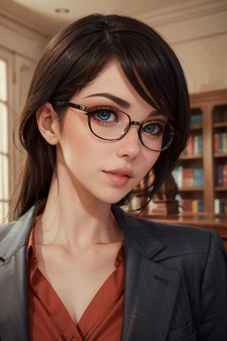 looking at viewer, (portrait, close up:1.2), parted lips,
emilygreyodd, 1girl, lips, black hair, blue eyes, makeup, glasses, suit,
realistic, picturesque, indoors, library, bustling, depth of field,
<lora:emilygrey-v4:0.8>