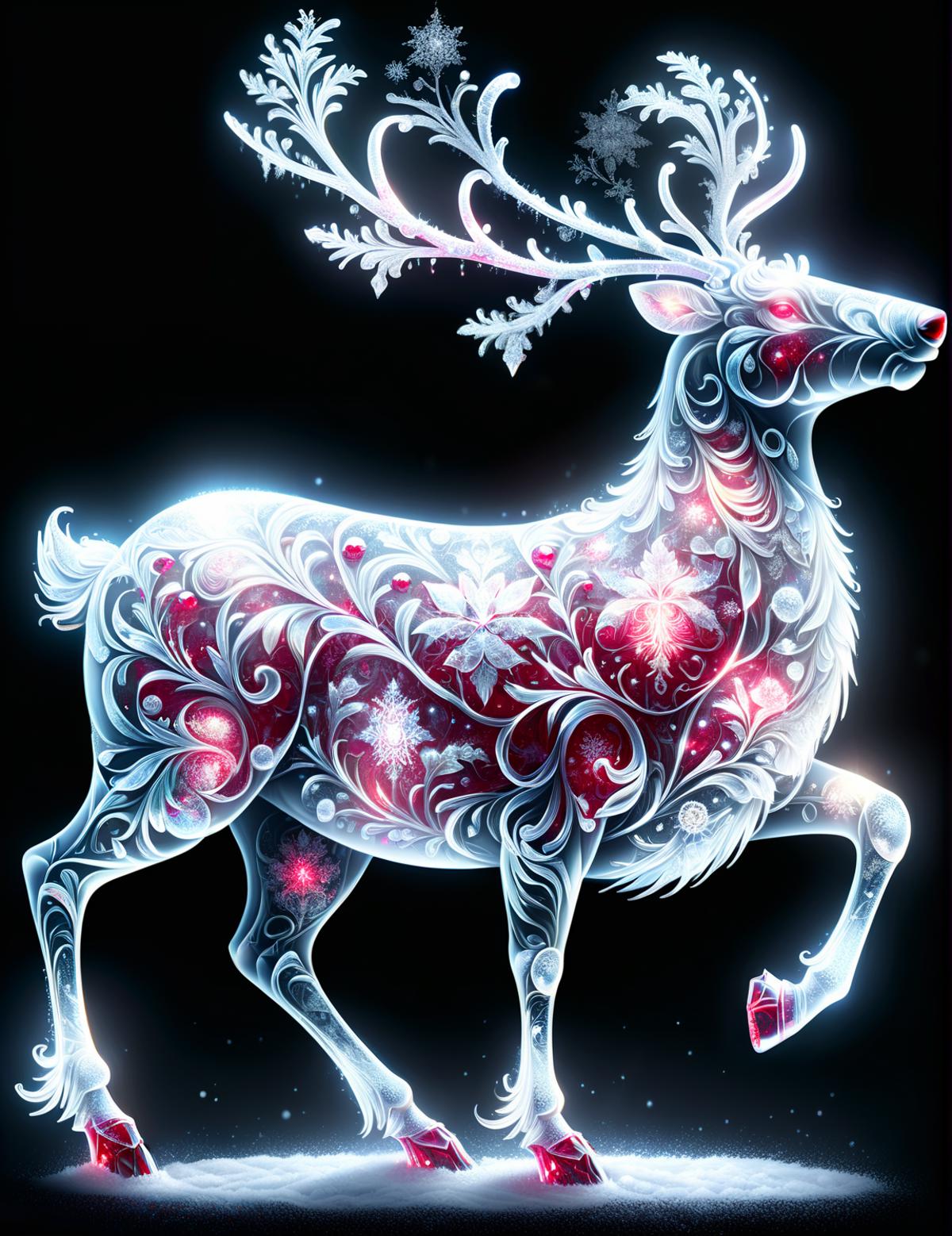 A colorful and intricate depiction of a deer in a forest, with its antlers adorned in red and white, and the surrounding environment decorated with stars, flowers, and snowflakes.