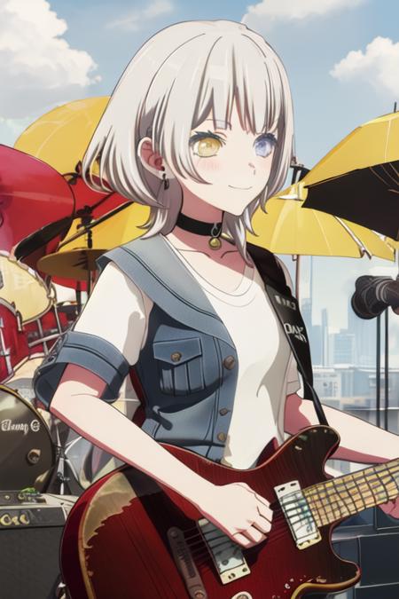 best quality, masterpiece, highres, solo, {kaname_rana_bangdreamitsmygo:1.15}, short_hair, bangs, blush, grey_hair, collarbone, closed_mouth, yellow_eyes, heterochromia, instrument, smile, blue_eyes, 1girl, blue_jacket, earrings, electric_guitar, guitar, holding, holding_instrument, jacket, jewelry, open_clothes, shirt, short_sleeves, white_shirt, cloud, outdoors, sky, black_choker, choker, grey_eyes, microphone, music