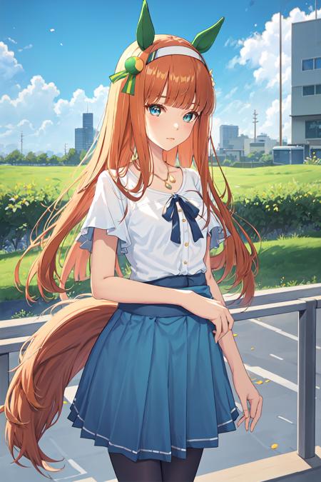 masterpiece,realistic, <lora:silence suzuka:0.9>,1girl,silence suzuka (umamusume),silence suzuka(Mufti),horse girl,horse ears,horse tail,orange hair,green eyes,long hair,hairband,ear_covers,white shirt,short sleeves,green_ribbon,blue skirt,pantyhose,brown footwear,solo,against fence, outdoors, town,