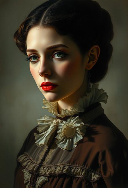 A meticulously painted woman in Victorian attire, her face illuminated with chiaroscuro lighting, but her shadow dissolving into soft, ghostly textures.
classical symbolist realism, soft dreamlike atmosphere, muted antique color palette, surreal yet nostalgic storytelling, rich oil-painted textures, ethereal lighting, mysterious and poetic composition, timeless and haunting mood