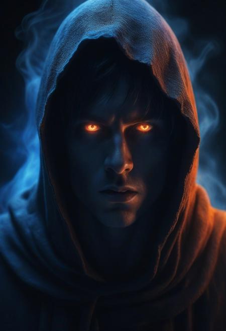 Dark Fantasy Concept Art. Close-up portrait. 23-year-old boy engulfed in dark power, wearing a hooded robe, bright blue eyes, intensely angry. Macro. High-contrast matte painting with intricate textures and deep color. Bright blue eyes gleaming against dark wisps of smoke and neon magical runes. Dark, rugged, stone-like shadows consuming the boy's body. Complementary colors of fiery orange and indigo, backlit by an eerie blue glow. Highly detailed, fantasy concept art, Unreal Engine 5 quality, Artstation trending style, 8k resolution, cinematic lighting, best quality, incredibly detailed, visually striking, surreal, immersive, extrmeley detailed supervillian