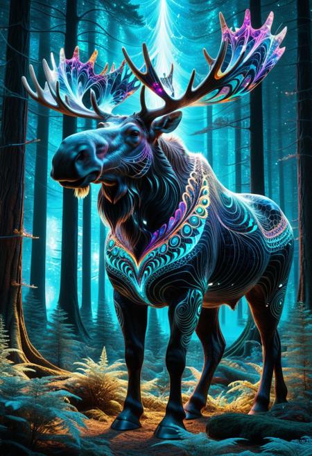 massive moose, covered in glowing fractal patterns, fur made of geometric crystal shapes, bioluminescent vines wrapped around its body, ancient forest background, mystical aura, powerful and majestic stance, surreal creature design, cinematic lighting, ultra-detailed fur texture, fantasy creature concept art, glowing eyes, 8k resolution, epic atmosphere, god-like presence, fractangles