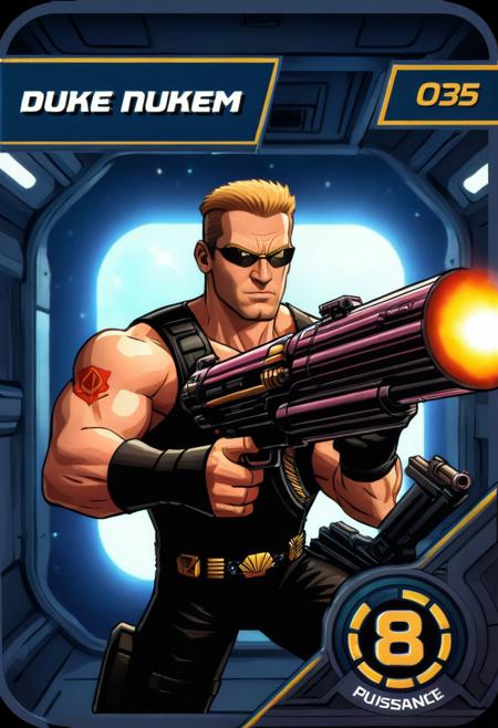 (best quality, masterpiece, absurdres, highres, ultra_detailed, dynamic angle:1.2), herocard, power8, portrait of Duke Nukem, holding big guns firing, inside a space station, index035, indfuturistic, sci-fi, (intricate details, hyperdetailed:1.15), (ultrahigh resolution textures), bokeh, (volumetric, cinematic) lighting, depth of field, <lora:marvel_promo_cards_2023_locon_xl_hero_v1:0.8>