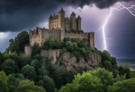 photograph surrounded by trees at the bottom and leaves at the top in the foreground, in the background in the center old castle on a cliff and stormy sky with lightning