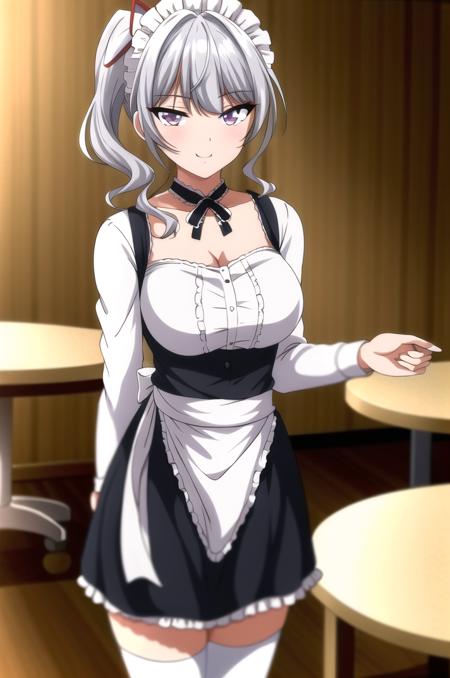 (masterpiece), high quality, (detailed background:1.3), 1girl, solo,
<lora:Anri-v2-07:0.7>, ChopioAnri, long hair, grey hair, side ponytail, black hair ribbon, purple eyes, (looking at viewer:1.3),
medium breasts, 
outfit_1, maid, maid headdress, black neck ribbon, black dress, white shirt, frilled shirt, long sleeves, white apron, maid apron, waist apron, frilled apron, frilled dress, white stockings, garter straps
living room, wooden table,
standing, holding skirt, seductive smile, sexy pose,