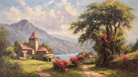 Create a masterpiece â an intricately detailed Acrylic Painting depicting an ancient castle. The style should be eerily realistic, capturing the essence of a village core. The painting should showcase impressive panoramas, with a profusion of spring flowers. Imagine the scene bathed in the warmth of god rays, skillfully rendered using both brushstrokes and palette knife techniques, style of Fernando Amorsolo
