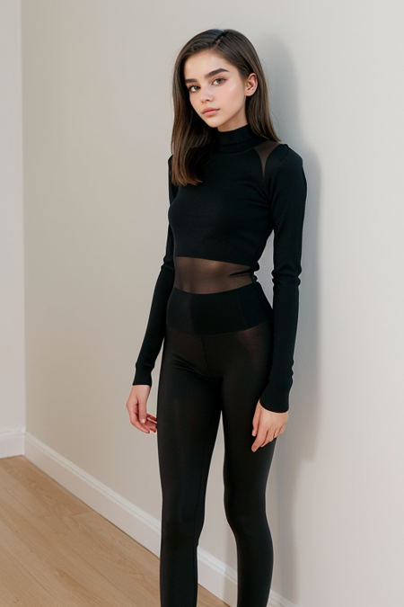 KristinaMeshalkova, (slim, fit, model polaroids, slim tight sweater, black Lycra leggings:1.2), waist, casual wavy mid-length hair, relaxed pose, serious look, neutral background