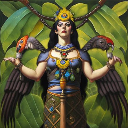 a portrait of a female sorceress with a macaw wings on her back, detailed jungle background, mesoamerican setting, art by newhorrorfantasy_style